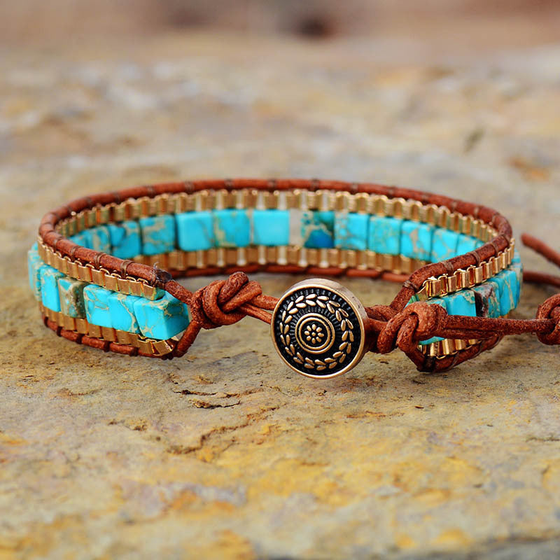 Blue Stone Hand-Woven Leather Bracelet