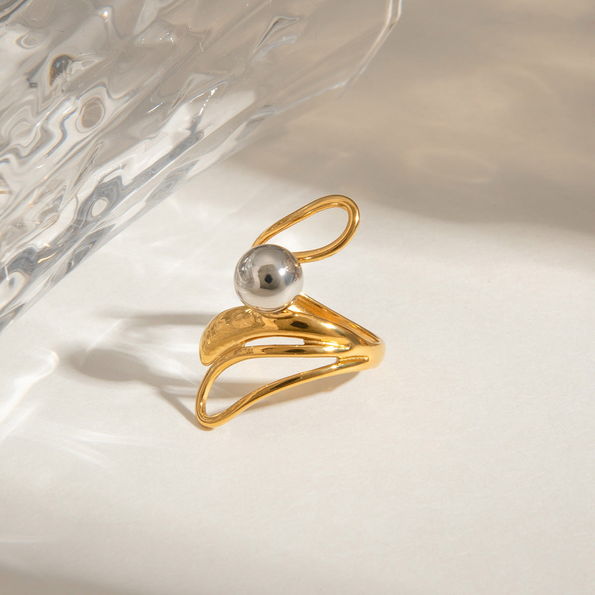 Color Matching Irregular Hollow-out Light Luxury French Steel Ball Open Ring