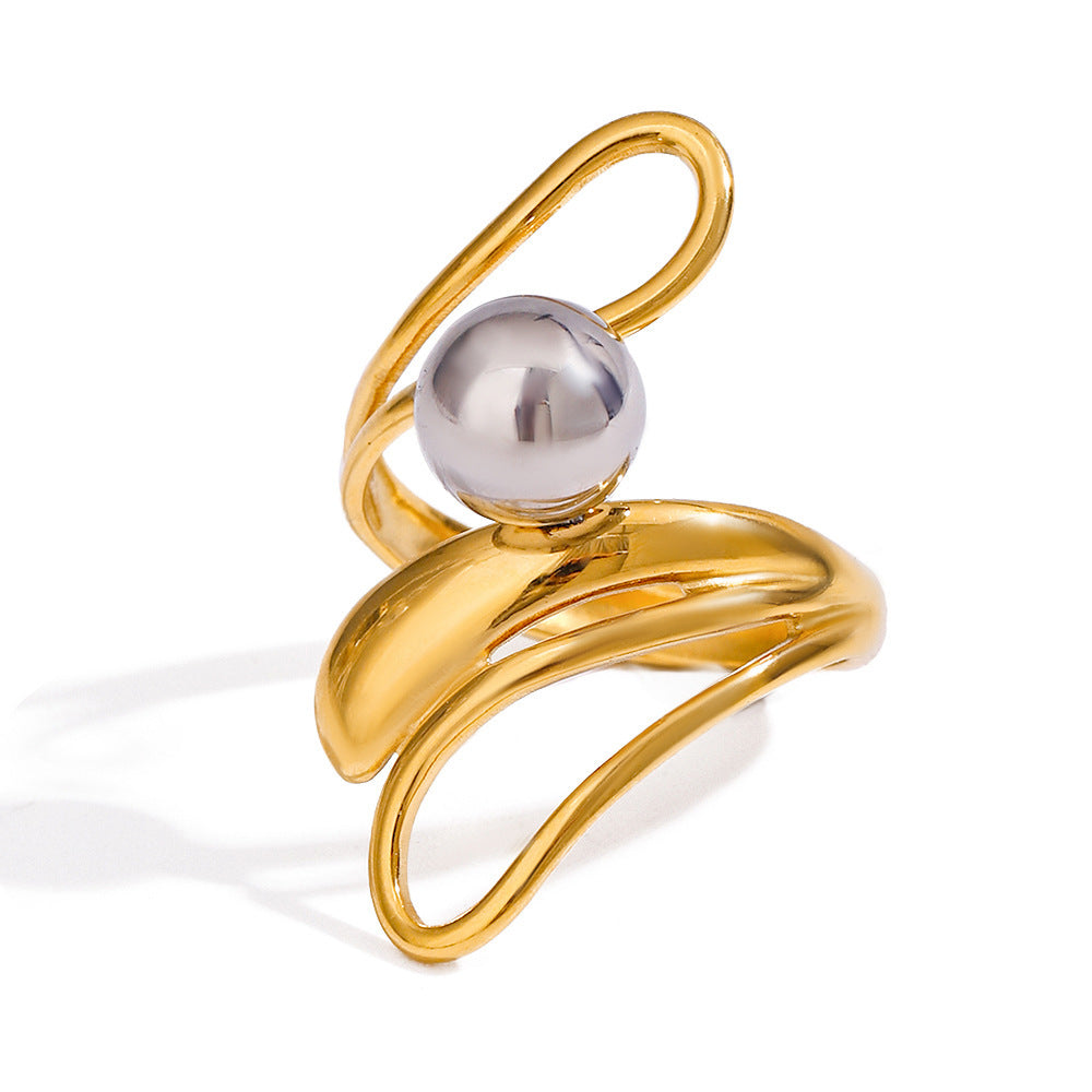 Color Matching Irregular Hollow-out Light Luxury French Steel Ball Open Ring