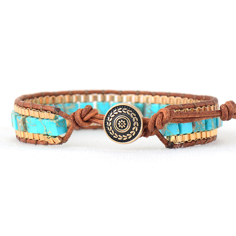 Blue Stone Hand-Woven Leather Bracelet