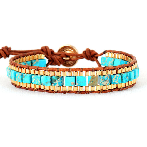Blue Stone Hand-Woven Leather Bracelet