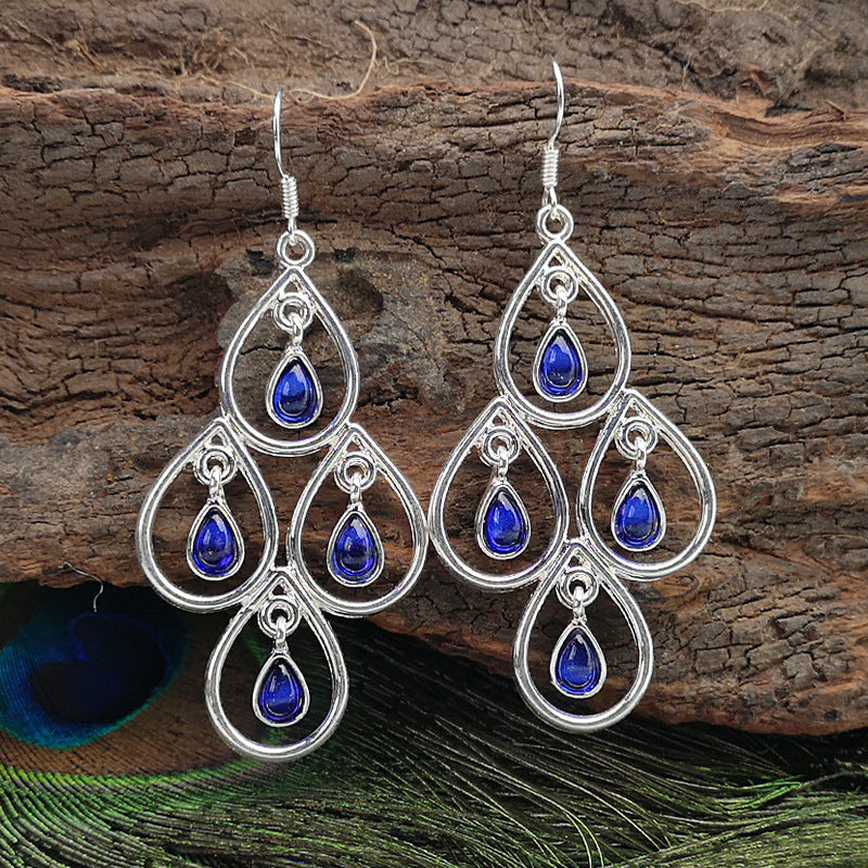 European And American Popular Creative Peacock Blue Moonstone Exaggerated Earrings