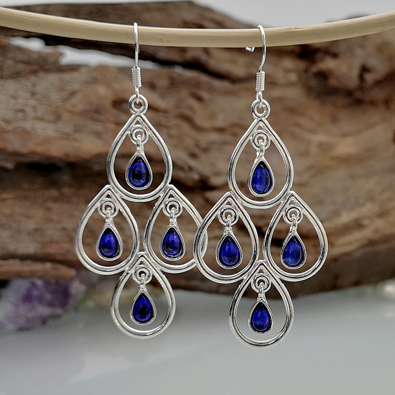 European And American Popular Creative Peacock Blue Moonstone Exaggerated Earrings