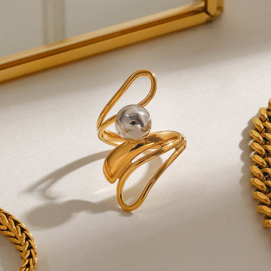 Color Matching Irregular Hollow-out Light Luxury French Steel Ball Open Ring